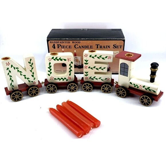 Noel Wooden Candle Holder Train Set in Box Vintage - Picture 1 of 7